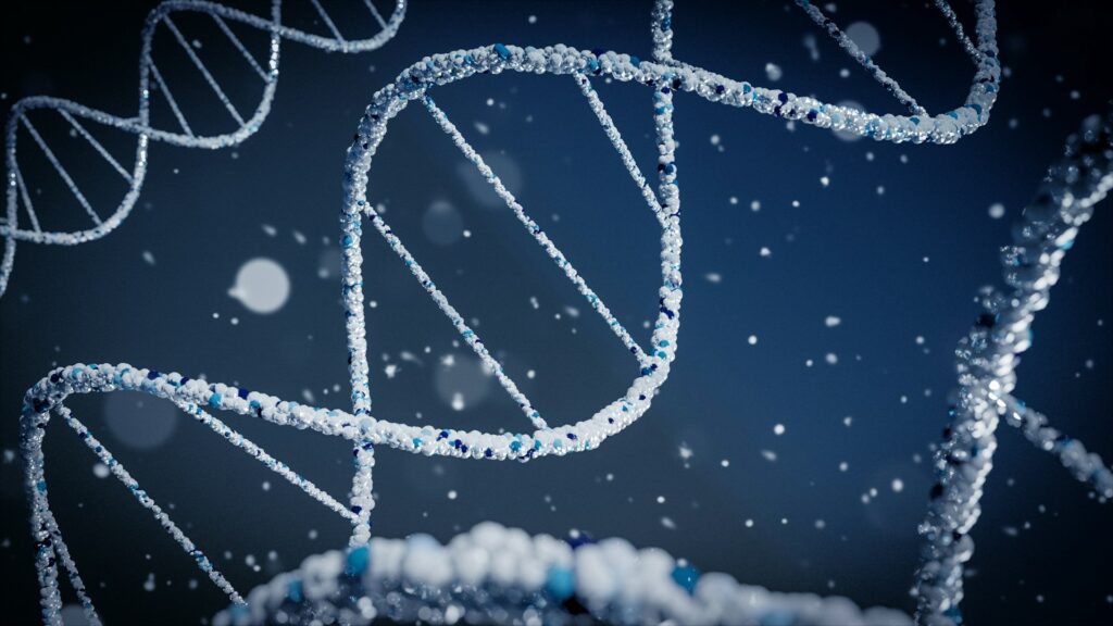 Représentation 3D d'une double hélice d’ADN illustrant les technologies de séquençage Sanger et NGS en biologie moléculaire