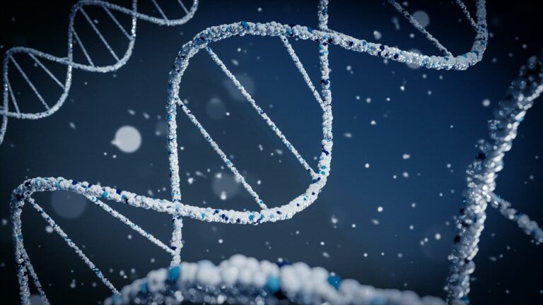 Représentation 3D d'une double hélice d’ADN illustrant les technologies de séquençage Sanger et NGS en biologie moléculaire